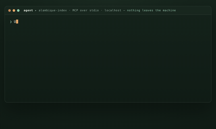 An animated terminal: an AI agent asks a question, calls the alambique.ask tool over a local MCP connection, and receives a grounded answer with numbered citations pointing to the user's own eBook and PDF.