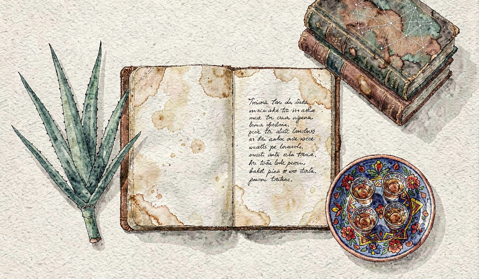 Watercolor still life: an open notebook with faint handwriting, a stack of cloth-bound books, a dried agave leaf, and a small copper cup on a limestone surface.