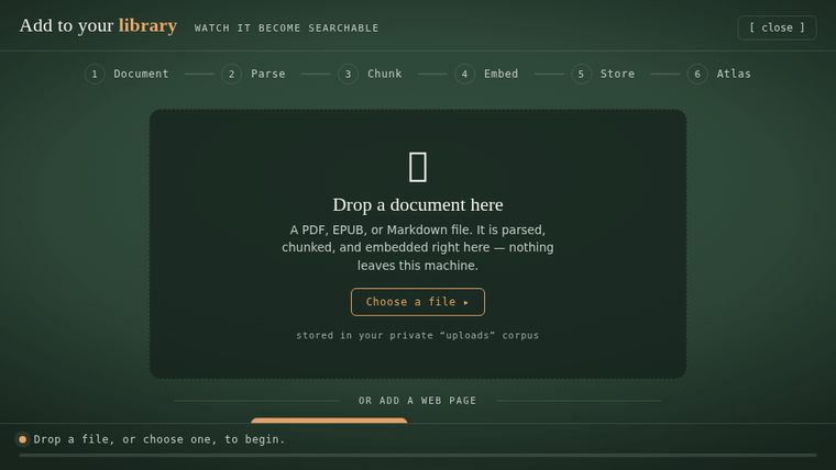 An animated recording: a saved web article arrives in the console as an 'Add this page?' card showing its title, source site, character count, and a snippet, with Add to library and Cancel buttons.